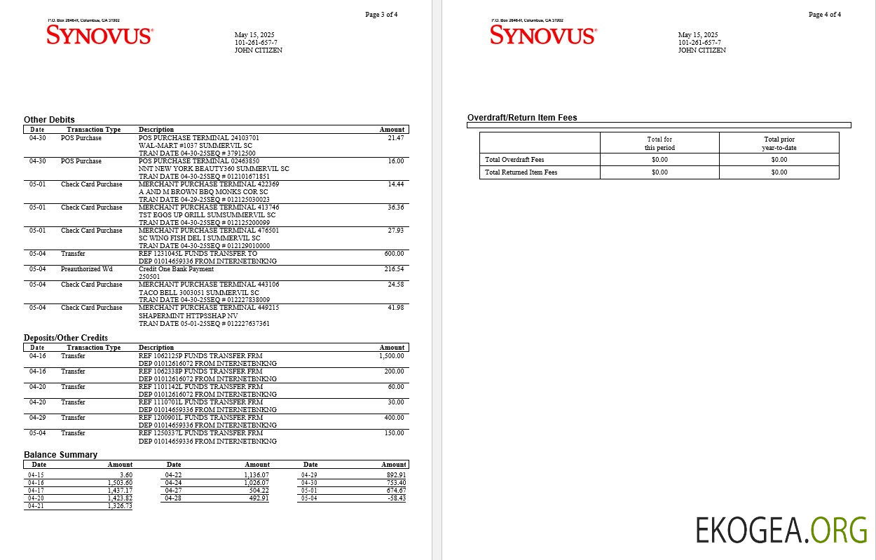 Modèle Word et PDF de relevé bancaire USA Synovus Bank, 4 pages 2